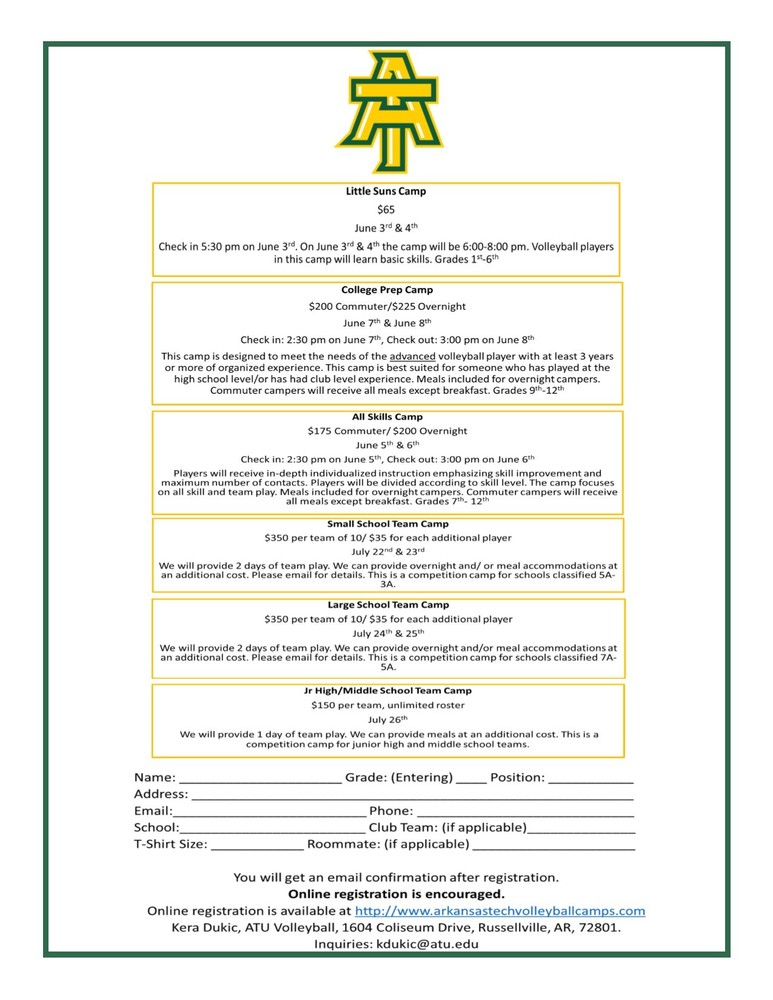 Arkansas Tech University Volleyball Camp dates announced
