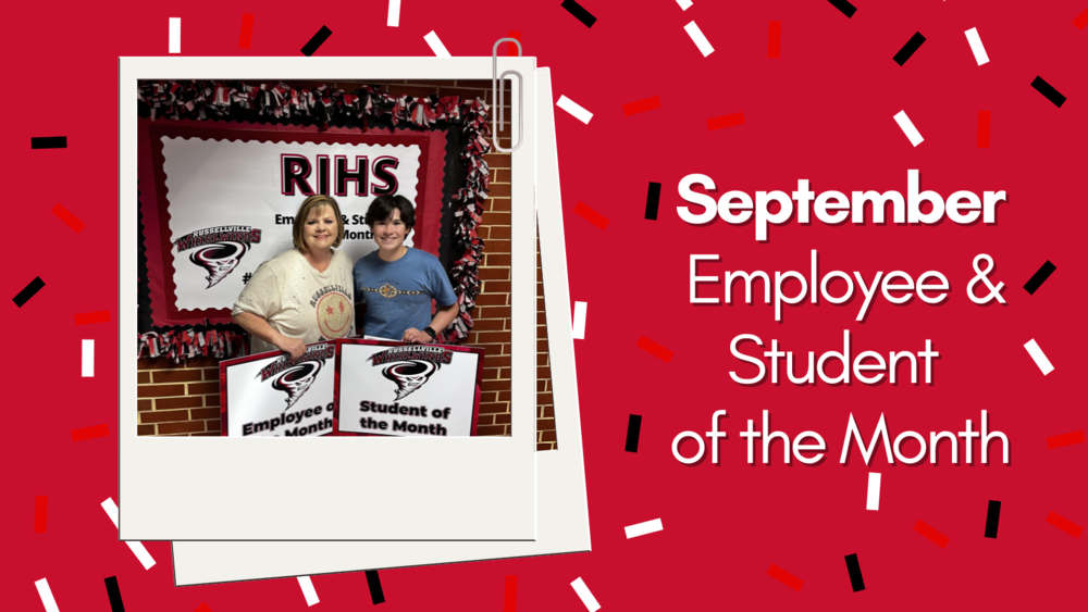September employee and student of the month red background with black and white and red confetti and polaroid frame
