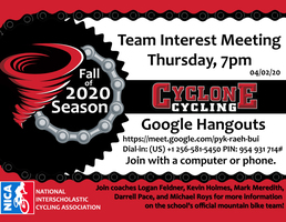 Cyclone Cycling Team Meeting scheduled for 4.2.20