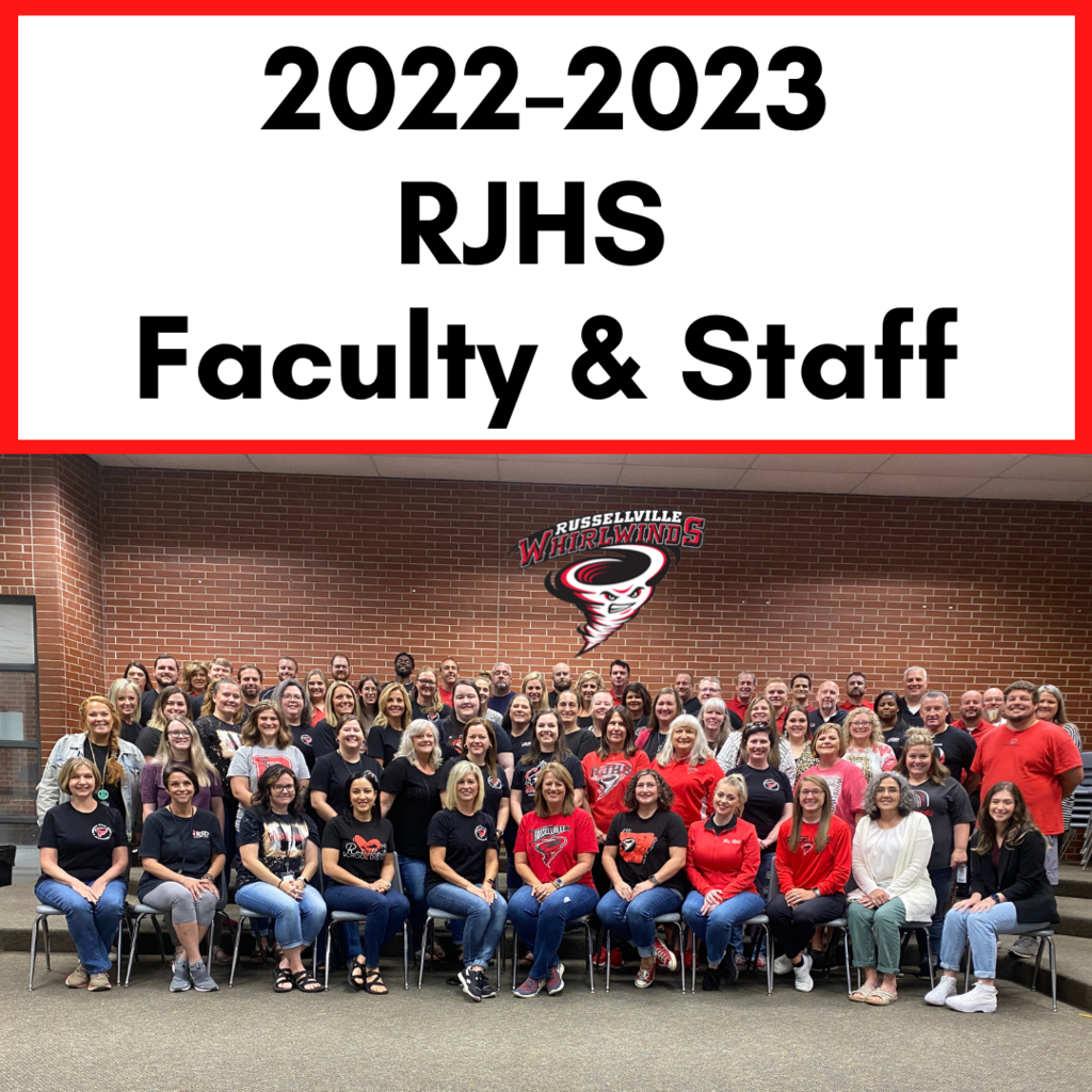Picture of RJHS Faculty and Staff lined up in 4 rows posed and smiling for the camera wearing red and black.