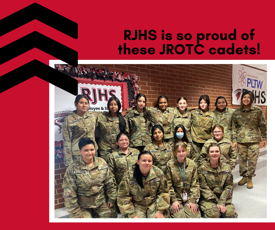 red background with black arrow stripes and a picture or jrotc cadets