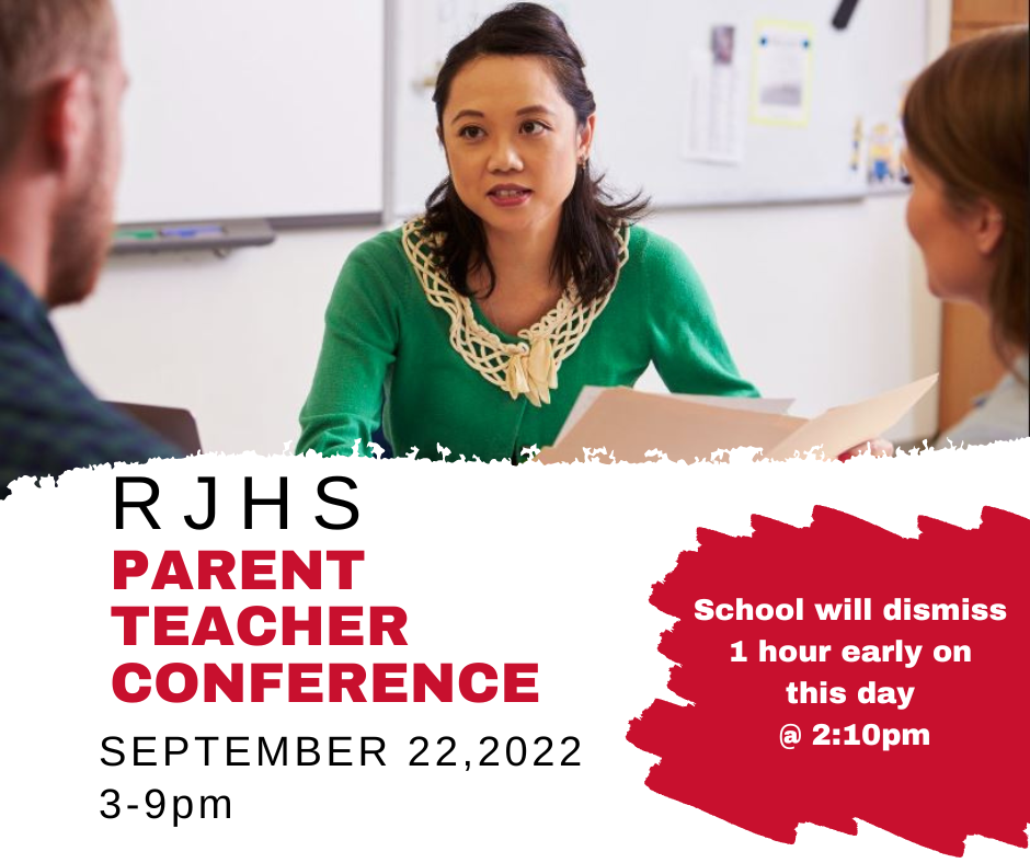 white background with red splash of color and black and red text, top picture of teacher in green sweater talking to parents