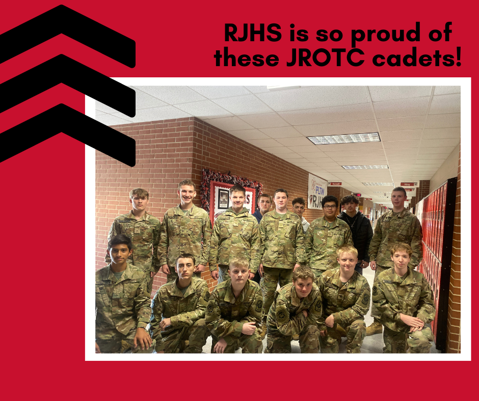 red background with black arrow stripes and a picture or jrotc cadets