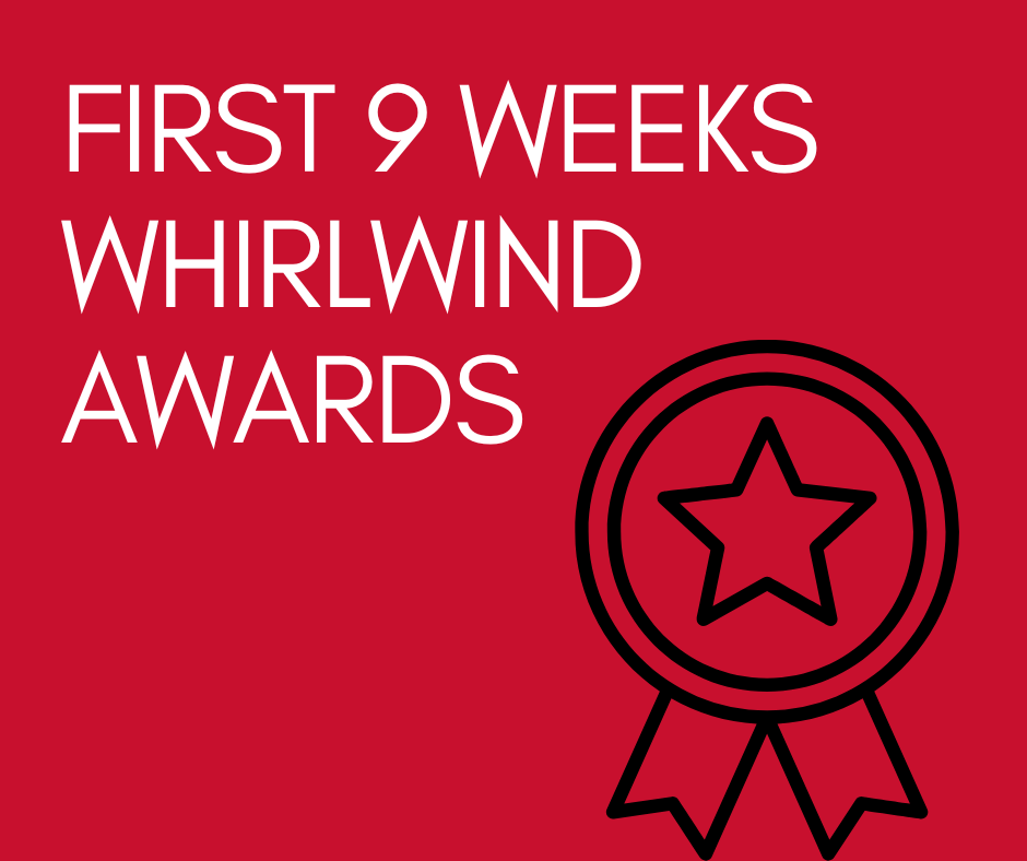 red background with white text  and a black graphic of an award