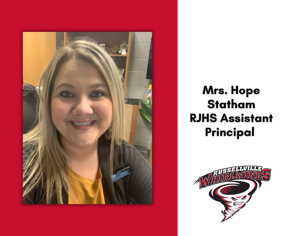 red background with white side and black text and a picture of the assistant principal
