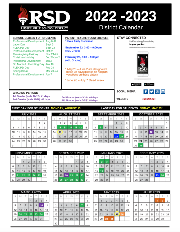 Russellville School District Calendar 2022 and 2023